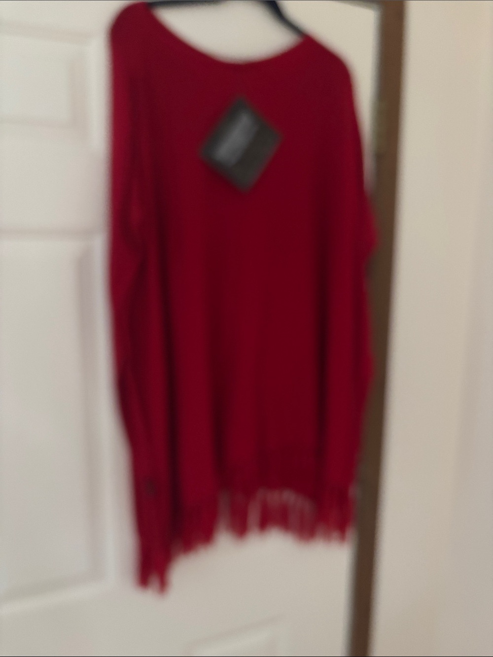 IMAN Red Fringe-Hem Knit Poncho